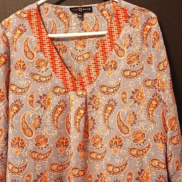 Fred David Large Paisely Floral Geometric Pattern V-Neck 3/4 Sleeve Top EUC - Picture 5 of 6